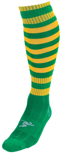 The Precision Training Precision Hooped Pro Football Socks Adult are single knee-high socks with alternating green and yellow stripes on the upper part and solid green on the foot, made from soft nylon cotton.