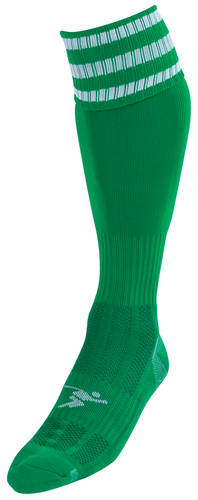 The Precision Training Precision 3 Stripe Pro Football Socks Adult is a single green knee-high sock featuring white stripes at the top, a contoured fit, and textured pattern along the foot and ankle for enhanced comfort.