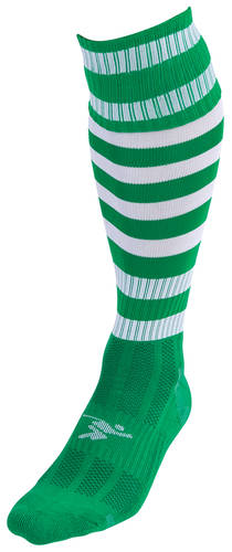 The Precision Training Precision Hooped Pro Football Socks Adult are green knee-high sports socks with thick white stripes around the calf and solid green feet, crafted from a durable nylon-cotton blend for comfort and performance.