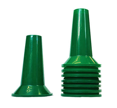 Two green plastic Martin Berrill Sports Training Cones from the Set of 48 are shown—one standing alone and one stacked with others. Their wide bases and narrow tops make them ideal coaching equipment.