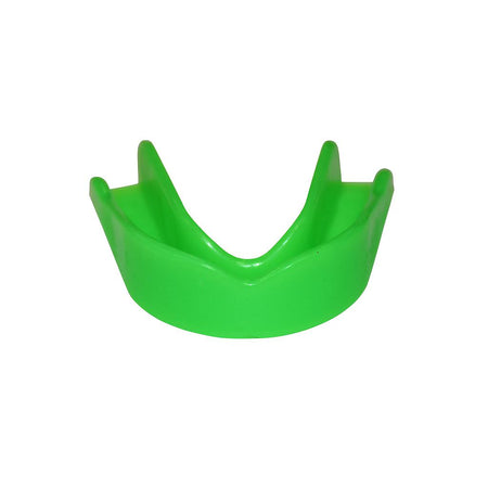 The SafeGard Safegard Essential Mouthguard is a bright green, curved plastic boil-and-bite guard with raised edges, designed to protect teeth during contact sports, shown on a white background.