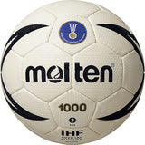 The Molten IHF Approved Rubber Handball by Molten is a white hand-stitched ball with black text, ideal for training sessions.