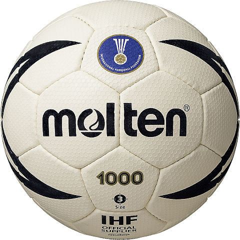 The Molten IHF Approved Rubber Handball by Molten is a white hand-stitched ball with black text, ideal for training sessions.