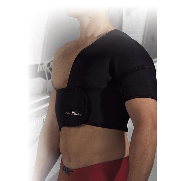 A man stands shirtless in a gym, wearing the Precision Training Precision Neoprene Half Shoulder Support (Left), a black adjustable brace that provides targeted pain relief and support for the left shoulder during workouts.