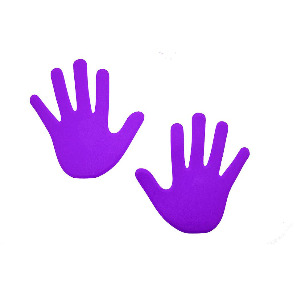 The Reydon Sports Hand Floor Marker (Pack of 6) features vibrant purple left and right handprints on a white background, ideal as pathway markers for indoor and outdoor games.