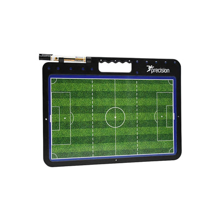 The Precision Training Handheld Soccer Tactics Board is a rectangular, magnetic board with a green pitch layout, black border, carrying handle, top-mounted marker, and the Precision Training brand name in the upper right corner.