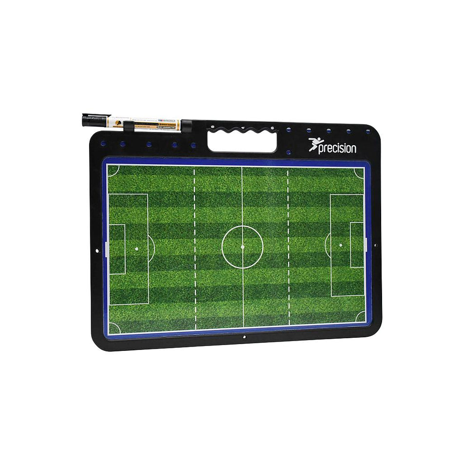 The Precision Training Handheld Soccer Tactics Board is a rectangular, magnetic board with a green pitch layout, black border, carrying handle, top-mounted marker, and the Precision Training brand name in the upper right corner.
