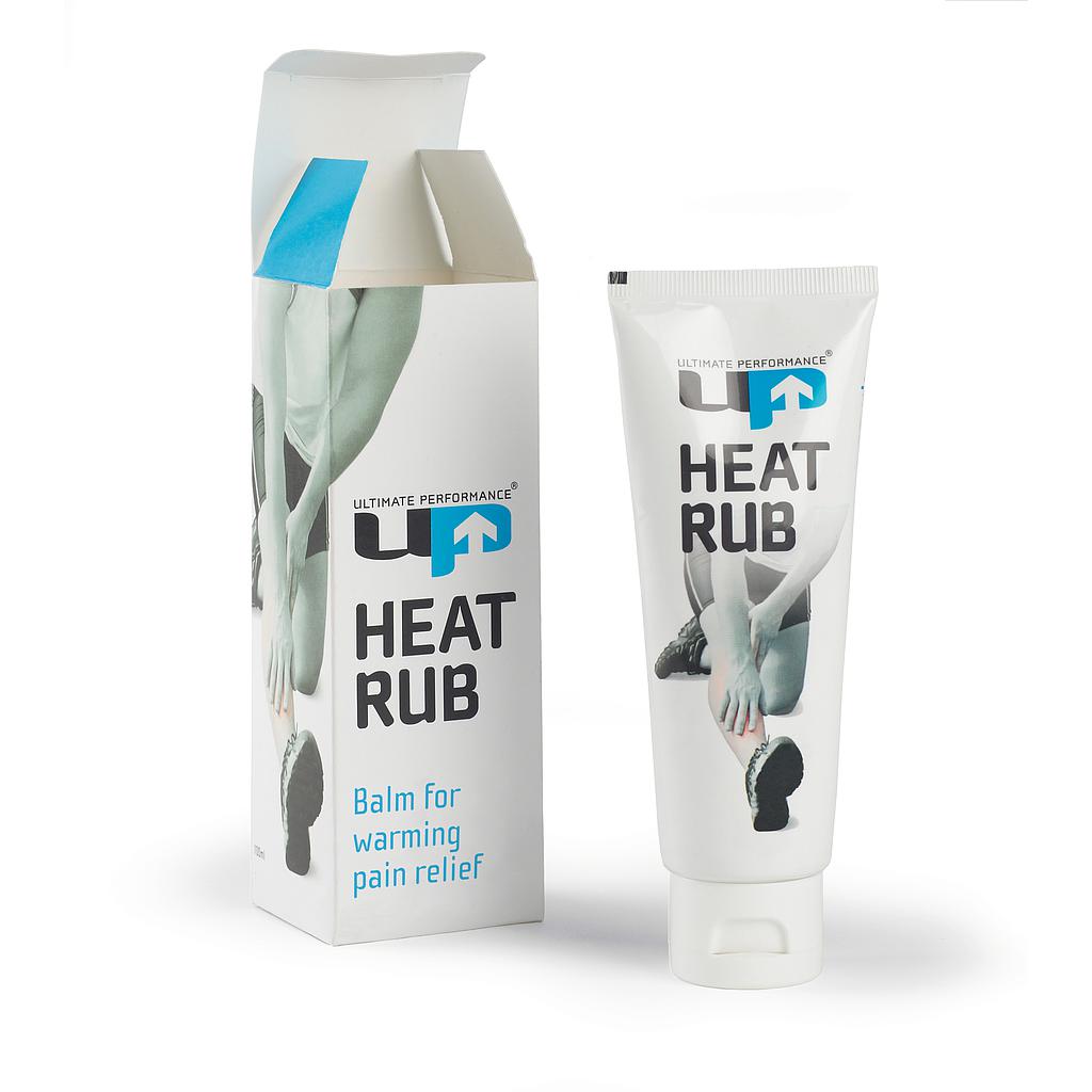 A white tube and its box, both displaying the Ultimate Performance logo, are labeled Reydon Sports Ultimate Performance Heat Rub 100ml. The packaging features hands rubbing a leg and states: "Balm for warming pain relief; ideal as a sore muscle cream.