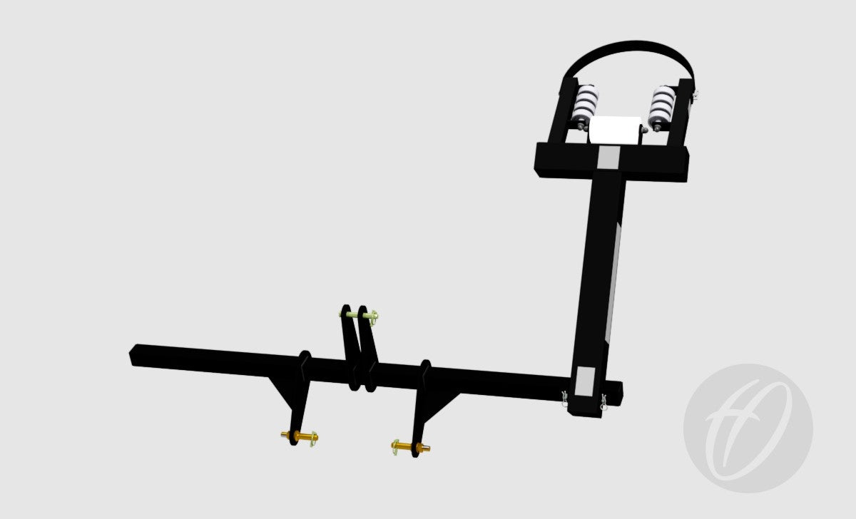 3D rendered image of the Harrod Sport Hinged Rugby Post Lifter, a black metal assembly with two vertical coil springs, horizontal bar, and bolts, resembling a 3-point linkage. Set on a light background with a faint circular logo at the bottom right.