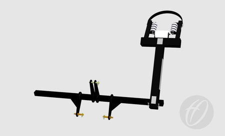 3D rendered image of the Harrod Sport Hinged Rugby Post Lifter, a black metal assembly with two vertical coil springs, horizontal bar, and bolts, resembling a 3-point linkage. Set on a light background with a faint circular logo at the bottom right.