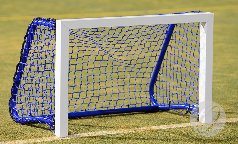 The Harrod UK Hockey Target Goal by Harrod Sport features a white frame and blue netting, positioned on green artificial turf, and serves as a portable hockey goal for versatile training sessions.