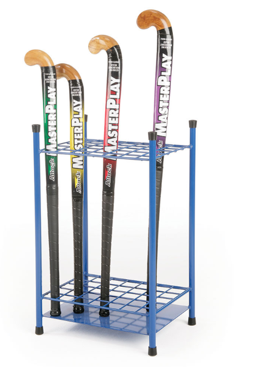 Four field hockey sticks with different colored accents stand upright in a freestanding blue powder-coated steel Mastersport Hockey Stick Rack with two shelves. Each stick has a black shaft, wooden curved end, and "MASTERPLAY" printed on it.