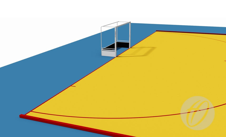A digital illustration of a yellow and blue sports field with red lines, featuring Harrod Sport Aluminium Indoor Hockey Pitch Sideboards and a white goalpost. The smooth field has circular markings and meets FIH regulations.