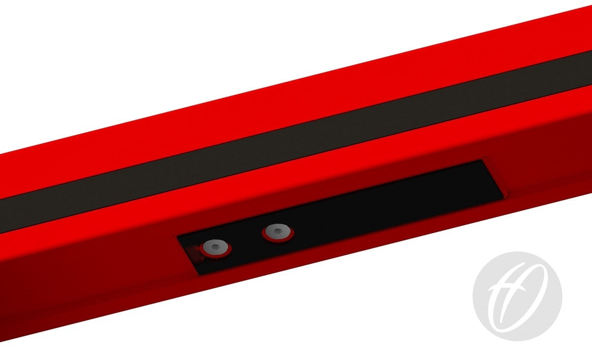 A close-up of Harrod Sport’s Aluminium Indoor Hockey Pitch Sideboards shows a red rectangular unit with two circular sensors, a black strip, and a light gray logo at the lower right, set against a white background.