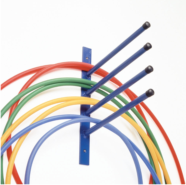 Four hula hoops in red, yellow, green, and blue hang on the Mastersport Wall Mounted Hoop Rack, featuring four blue rods for stylish and practical storage against a white background.