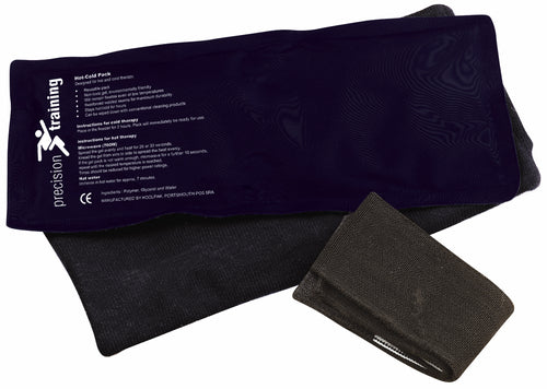 The Precision Training Precision Reusable Hot/Cold Pack includes a dark blue non-toxic gel pack, black fabric sleeve, and small black cloth—perfect for effective pain relief. All items are displayed on a white background.
