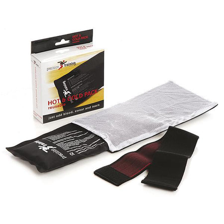 The Precision Training Precision Reusable Hot/Cold Pack features a non-toxic gel, white mesh cover, adjustable black strap, and packaging labeled for effective pain relief.