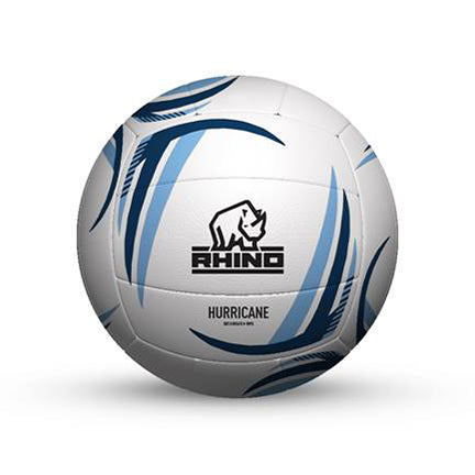 The Rhino Hurricane Netball is a white ball with blue and gray curves, featuring the RHINO logo and "HURRICANE" below it—ideal as a size 5 netball or junior match ball for practice sessions.