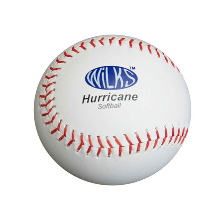 The Wilks Hurricane Softball Ball is a white hard practice ball with red stitching, a tough PU cover, and "Wilks Hurricane Softball" printed in blue and black on the surface.