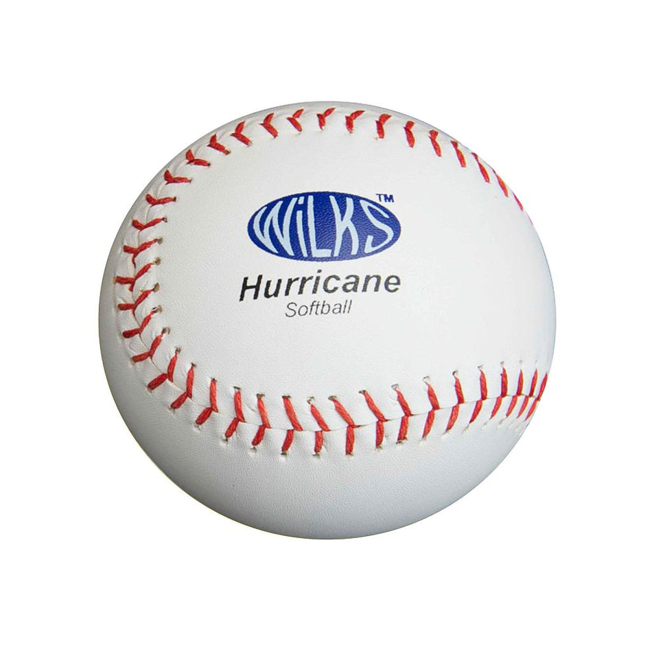 The Wilks Hurricane Softball Ball is a white hard practice ball with red stitching, a tough PU cover, and "Wilks Hurricane Softball" printed in blue and black on the surface.