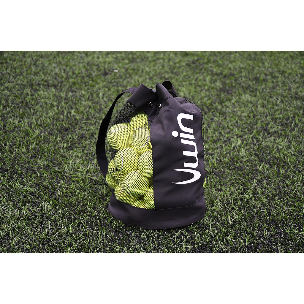 The Uwin Small Ball Carry Bag by Uwin, featuring white lettering and a convenient handle, holds yellow tennis balls in its black mesh design—perfect for easy storage on the field before your next match.