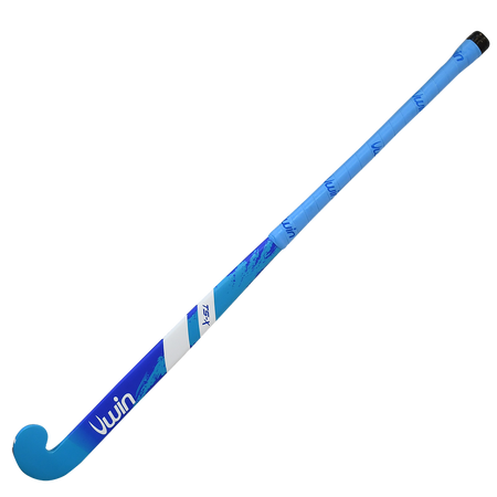A blue and white Uwin TS-X Hockey Stick by Uwin, featuring a curved blade and wrapped grip handle, displayed on a plain white background. Its design draws inspiration from performance sticks like the Ultrabow Micro 50.