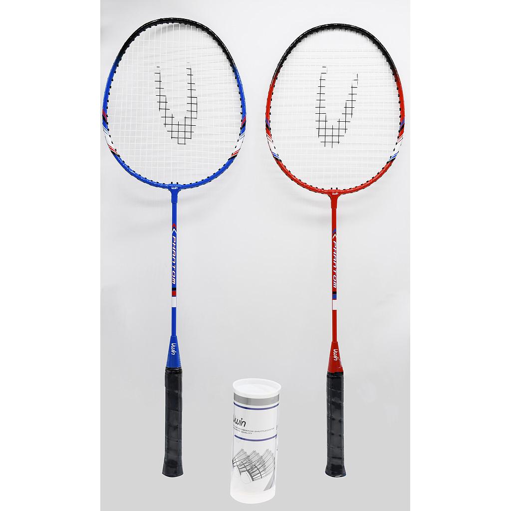 The Uwin Phantom 2 Player Badminton Racket Set by Uwin features two rackets—one with blue and one with red accents—standing upright side by side, with a white shuttlecock tube in front, all set against a light background.