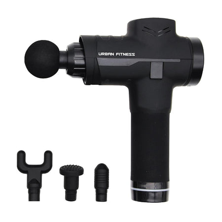 The Urban Fitness Massage Gun, a black handheld device by Urban Fitness, comes with four interchangeable heads for deep tissue massage and effective relief of muscle pain.