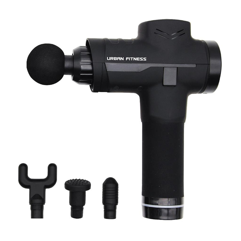 The Urban Fitness Massage Gun, a black handheld device by Urban Fitness, comes with four interchangeable heads for deep tissue massage and effective relief of muscle pain.