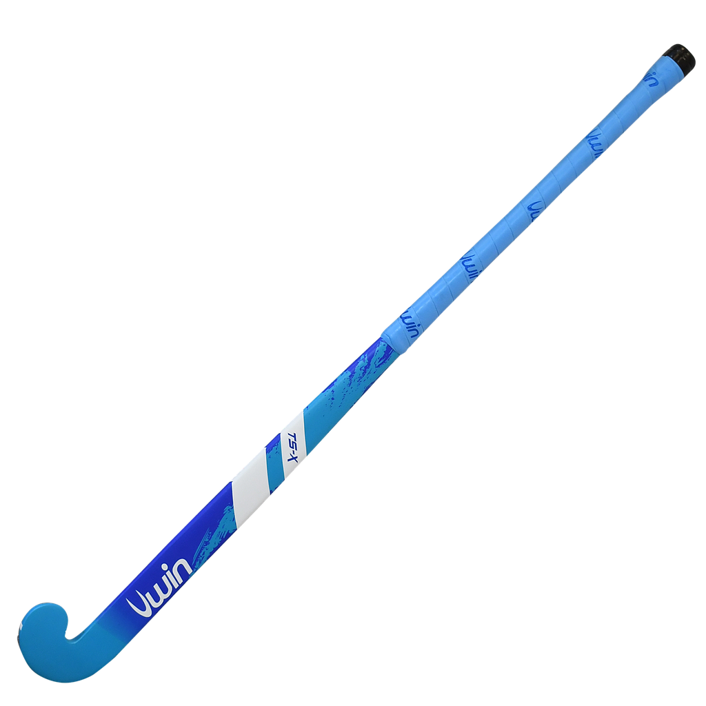 A blue and white Uwin TS-X Hockey Stick by Uwin, featuring a curved blade and wrapped grip handle, displayed on a plain white background. Its design draws inspiration from performance sticks like the Ultrabow Micro 50.
