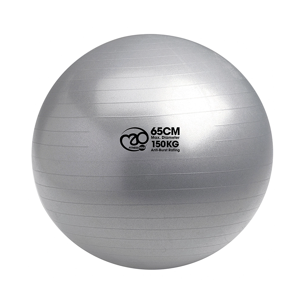 The Fitness Mad 150kg Anti-Burst Swiss Ball is a silver 65 cm exercise ball with subtle horizontal lines, a small logo, and Anti-Burst Rating text on the front, ideal for core strength workouts.