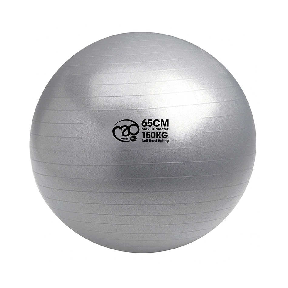 The Fitness Mad 150kg Anti-Burst Swiss Ball is a silver 65 cm exercise ball with subtle horizontal lines, a small logo, and Anti-Burst Rating text on the front, ideal for core strength workouts.
