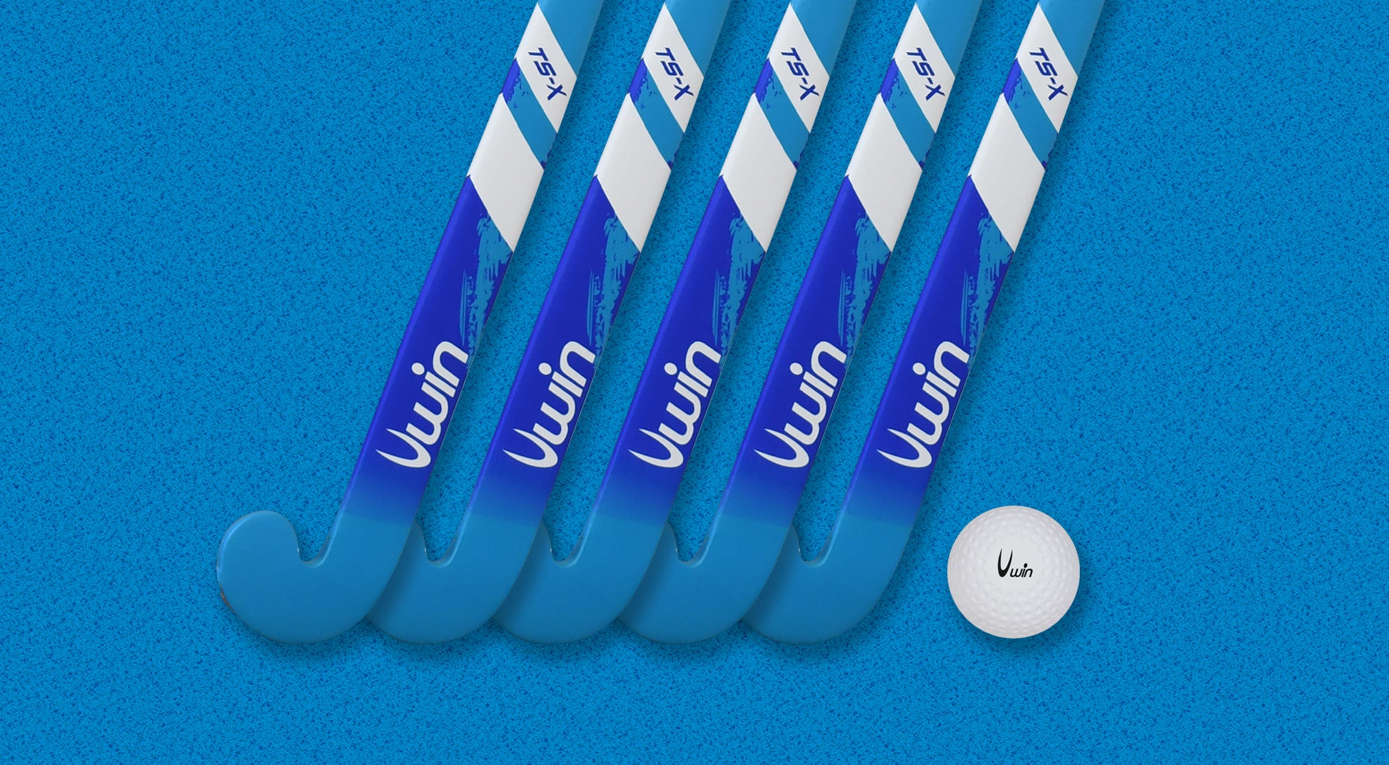 Five aqua/royal Uwin TS-X Hockey Sticks from Uwin are arranged diagonally on a blue textured surface, with a white field hockey ball labeled Vwin positioned at the lower right of the sticks.