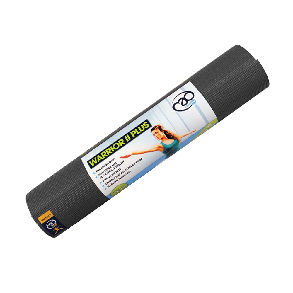 A rolled-up Fitness Mad Yoga-Mad Warrior II Plus Mat 6mm in graphite, with a woman in a yoga pose on the textured, non-slip packaging and product details included.
