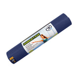 A rolled-up dark blue Fitness Mad Yoga-Mad Warrior II Plus Mat 6mm features a label with product info, branding, and an image of a woman in a yoga pose.