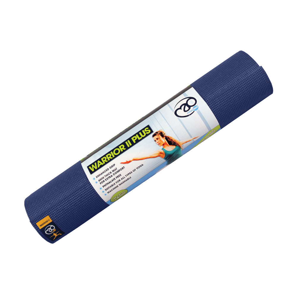 A rolled-up dark blue Fitness Mad Yoga-Mad Warrior II Plus Mat 6mm features a label with product info, branding, and an image of a woman in a yoga pose.