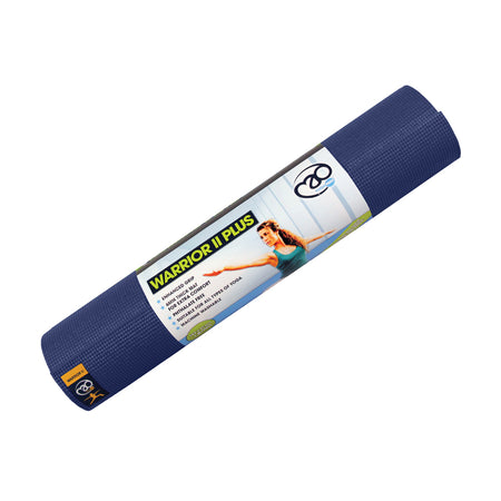 A rolled-up dark blue Fitness Mad Yoga-Mad Warrior II Plus Mat 6mm features a label with product info, branding, and an image of a woman in a yoga pose.