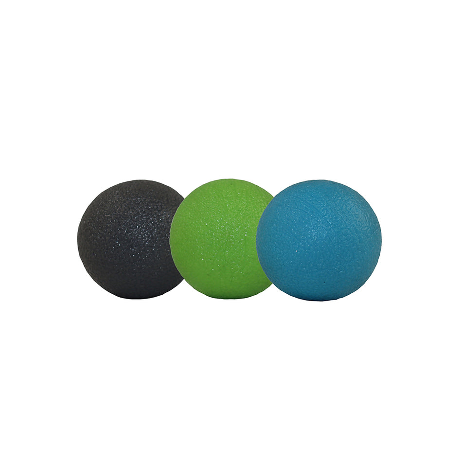 The Fitness Mad Hand Therapy Ball Set of 3 features black, green, and blue balls that help relieve joint pain and strengthen forearms. The textured balls are displayed side by side on a white background.