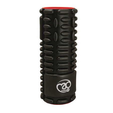 The Fitness Mad Vari-Massage Roller is a black foam roller with textured bumps, grooves, a red inner lining, and a white Fitness Mad logo, designed to deliver effective muscle massage and myofascial release during recovery.