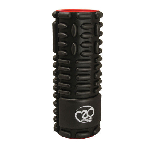 The Fitness Mad Vari-Massage Roller is a black foam roller with textured bumps, grooves, a red inner lining, and a white Fitness Mad logo, designed to deliver effective muscle massage and myofascial release during recovery.