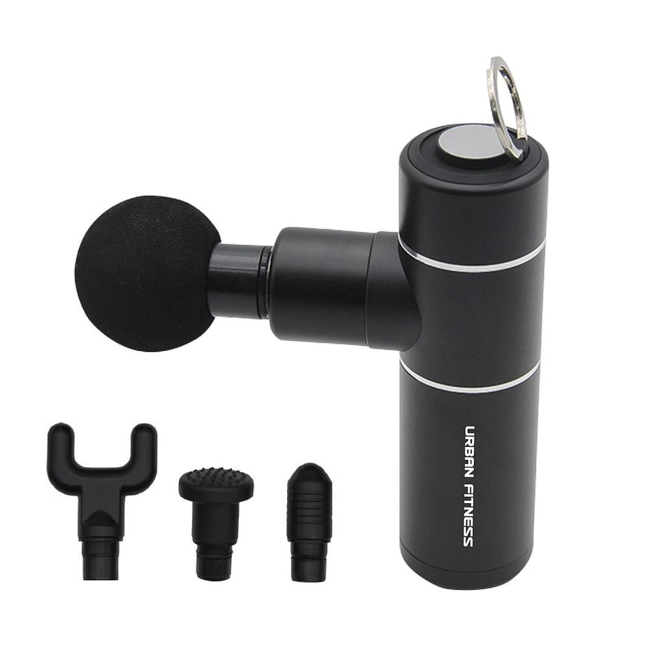 The Urban Fitness Mini Massage Gun by Urban Fitness, shown in black with a round head attached and three extra heads below on a white background, is a compact massager perfect for relieving muscle soreness.