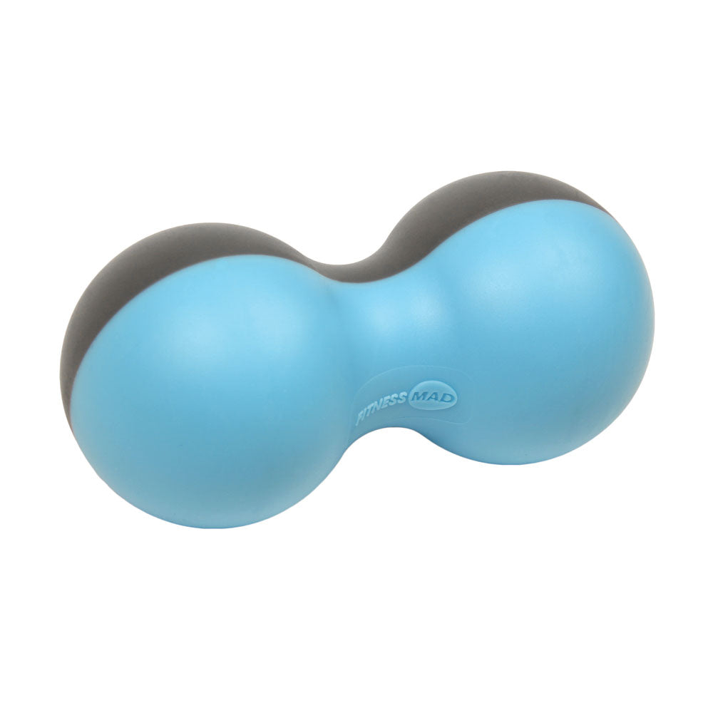 The Fitness Mad Peanut Massage Ball is blue and black, shaped for effective back massage and muscle pain relief, and features the Fitness Mad brand embossed on one side.