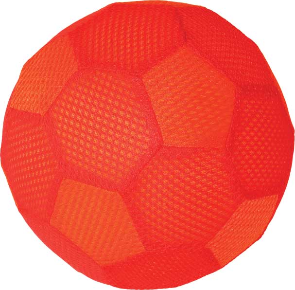 The Reydon Sports Indoor Funball is a bright red soccer ball made from polyester mesh fabric, featuring a textured surface with pentagonal and hexagonal panels.