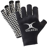 The Gilbert International Rugby Glove by Gilbert features black fingerless design, a white Gilbert logo on one glove, and a palm with a white and black honeycomb grip—ideal for training.