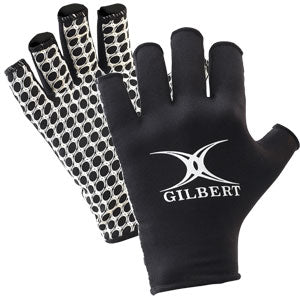The Gilbert International Rugby Glove by Gilbert features black fingerless design, a white Gilbert logo on one glove, and a palm with a white and black honeycomb grip—ideal for training.