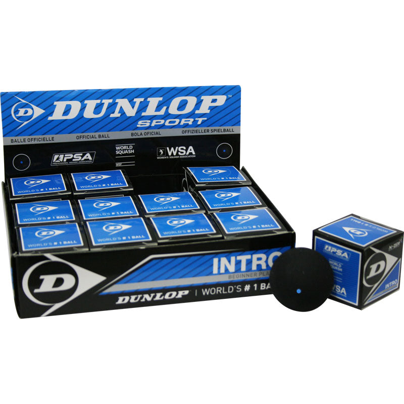 A Dunlop Intro 1 Ball Box x 12 display box with blue, black, and white Dunlop packaging. Contains 12 individual boxes, each with a beginner-friendly squash ball—ideal for training or new players.