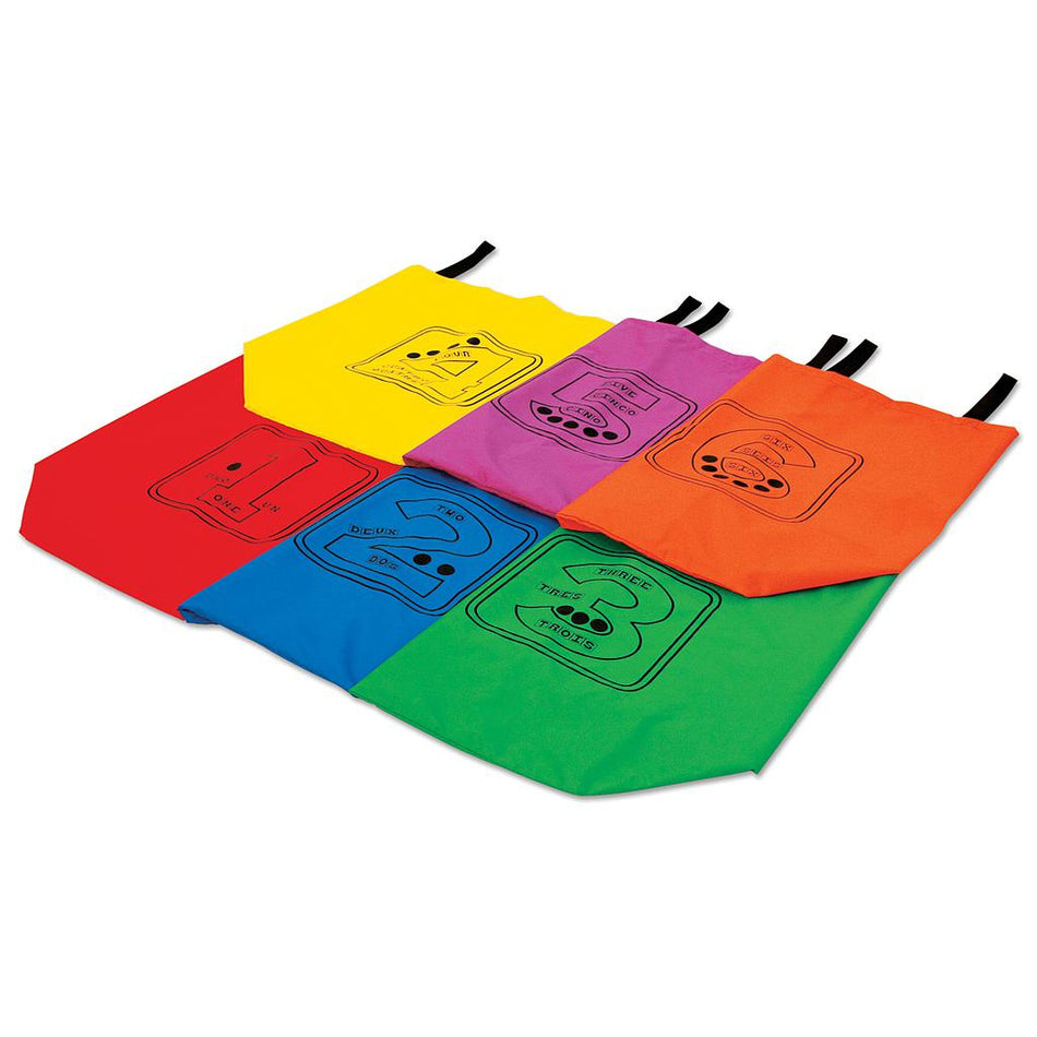 The Reydon Sports Numbered Jumping Sacks set includes six nylon sacks in assorted colors, each with a black handle and cartoon face, plus a printed number for easy identification. Perfect for races and group activities.
