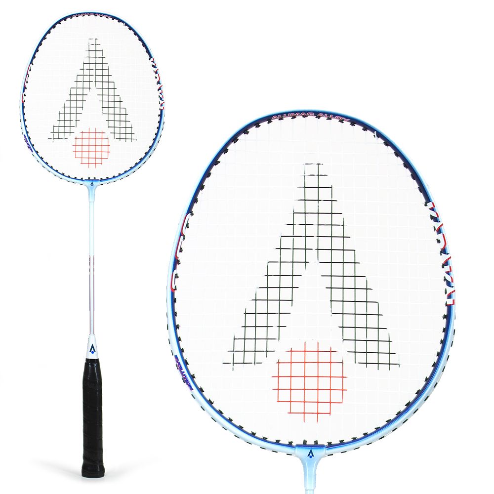 The Karakal CB-3 Badminton Racket by Karakal features a blue and white isometric head, black grip, 7050 alloy frame, and strings forming a black V over a red circle. Shown in full view and in a close-up of the head.