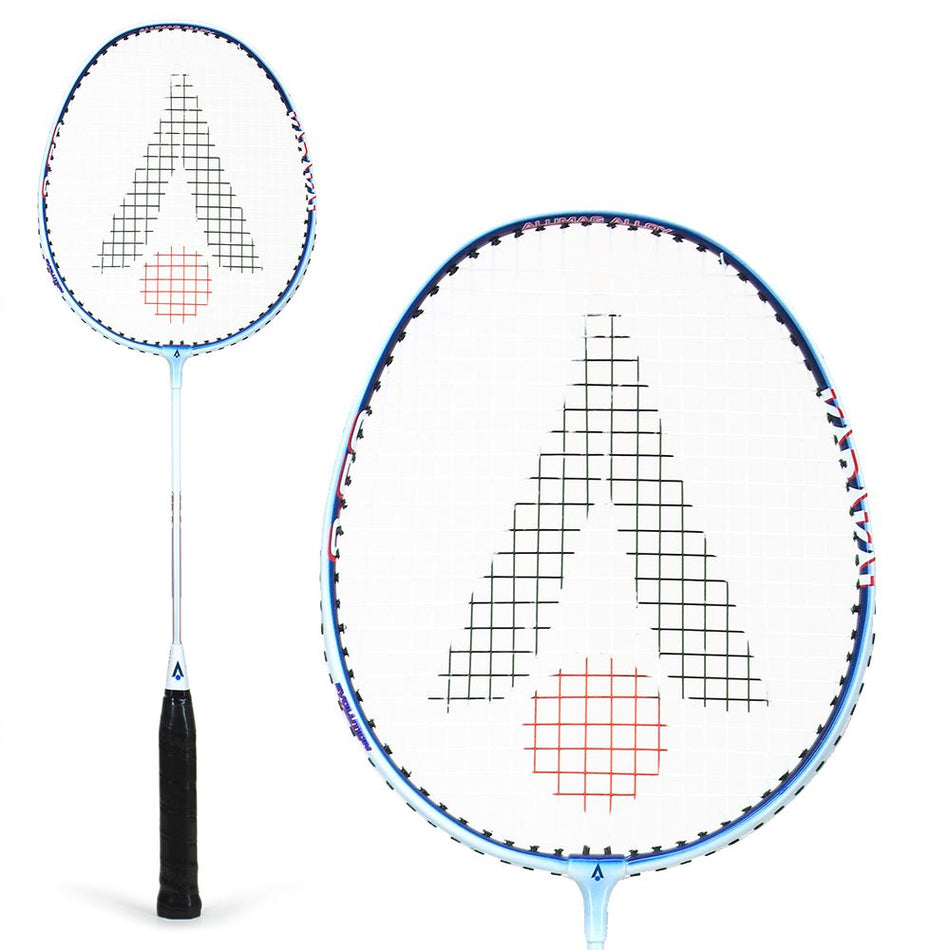The Karakal CB-3 Badminton Racket by Karakal features a blue and white isometric head, black grip, 7050 alloy frame, and strings forming a black V over a red circle. Shown in full view and in a close-up of the head.