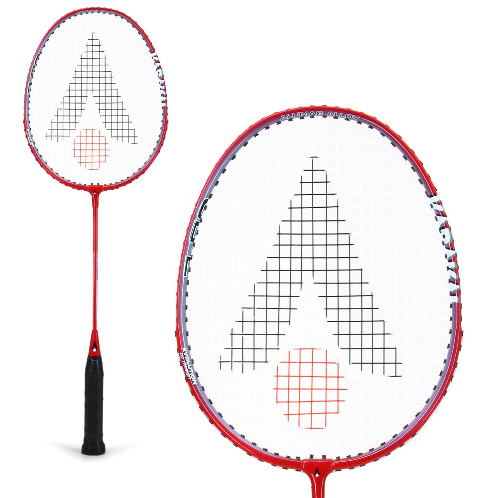 The Karakal CB-2 Junior Badminton Racket by Karakal features a red aluminium frame, white string bed with black and red geometric pattern, and a black PU super grip handle. Images show both the entire racket and a close-up of the head.